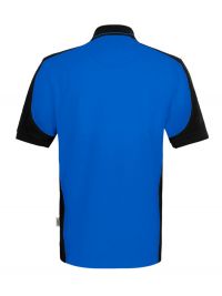 Blaues Herren Arbeits Poloshirt mit schwarzen Kontrasteinsätzen und Drei-Loch-Knopfleiste – strapazierfähig und pflegeleicht für Handwerk, Pflege und Gastronomie